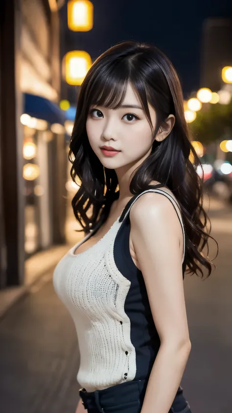 (masterpiece, Best Quality, 8k:1.2), (Adult female, Age 25, Japanese woman alone ,  cute face, whole body, Beautiful woman,Model,  wearing heavy makeup ,  sleeveless、One Piece wavy hair、Im showing it from the front、 downtown at night、look up, Character por...