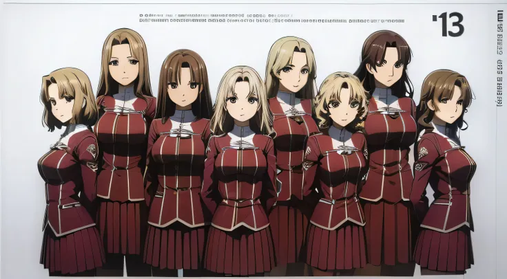 masterpiece, high quality, Multiple girls, organization, Same sisters, Blonde Hair, curls, (brown haired sisters, Blonde sisters, many sisters, Match hairstyle, different hair colors), Hazel eyes, Medium bust, ((Matching Clothing, Uniforms)), Smile, flat_c...
