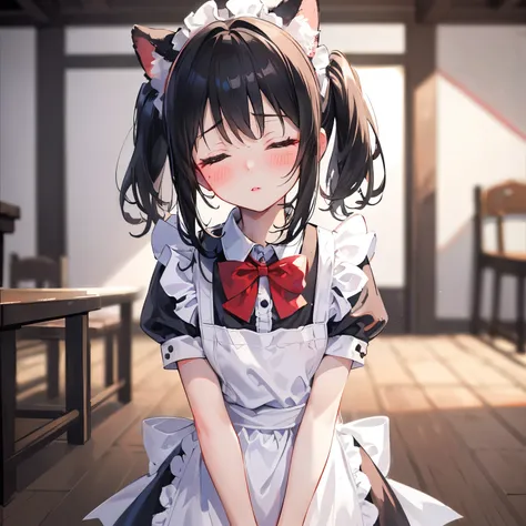 (shy, blush, puckered lips), (above waist), 1girl, solo, (loli:1.2), closed eyes, black hair, medium hair, twin tails, ((cat_ears:0.9)), (red bowtie, (white apron), (black maid clothes), (white collar)), (blurry background, Medieval tavern hall), Sharp Foc...