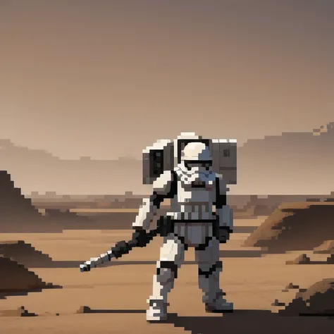 Miniature photograph of a Stormtrooper with Star Wars weapon walking through the desert leaving footprints in the sand cinematic dramatic lighting, blurred desert background.