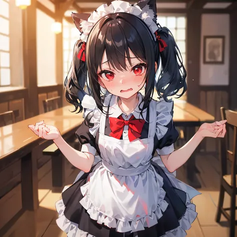 (shy, embarrassed, wavy mouth), (above waist), 1girl, solo, (loli:1.2), red eyes, black hair, medium hair, twin tails, ((cat_ears:0.9)), (red bowtie, (white apron), (black maid clothes), (white collar)), (blurry background, Medieval tavern hall), Sharp Foc...