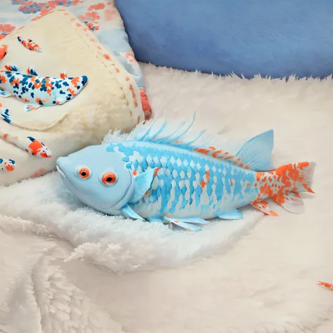  with a blue fish toy on a white fur carpet,  cute toy, cartoonish  cute, Diego asks for ,  cute axolotl, Soft, ( ( (  koi color  ) ) ), cat咪, kawaii cat,   to use Sony alpha 9  ,  cute:2,  cute cartoon style, beast, !!!! cat!!!!, Bottom View