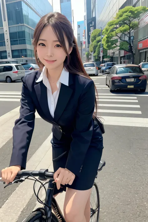 Age 30、 Japanese Women、Office Lady Uniform、 is riding a bicycle and heading here、 the length of the hair is long and up to the waist 、Her hair color is brown.、 the whole body is drawn 、The background is Tokyo Shinjuku 