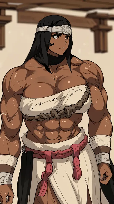 1girl, solo, navel, muscular female, black hair, dark-skinned female, dark skin, brown eyes
armor, headband;extremely muscular w...