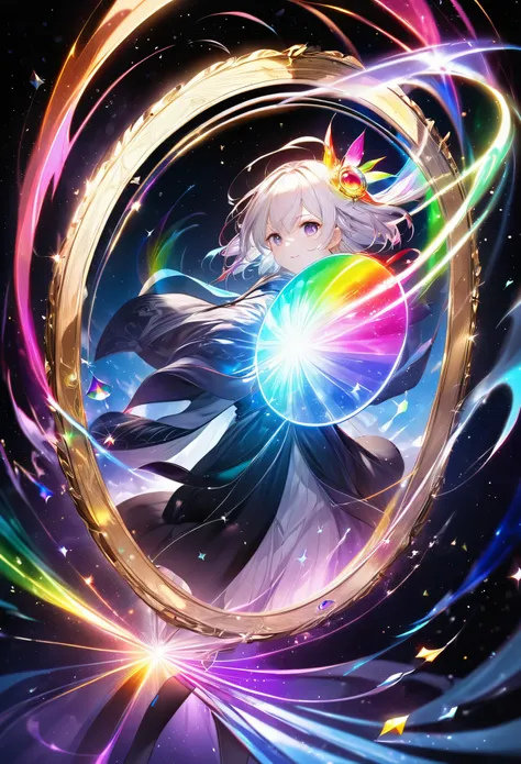 Best Quality, Super fine, 16k,  Very High Resolution ,  extremely detailed, Delicate and dynamic, Multiple Translucency, Rainbow Magic Circle,  like ren 々Protect them from attacks ,  ren represented by black shadows,  special effects with prisms , mirror, ...