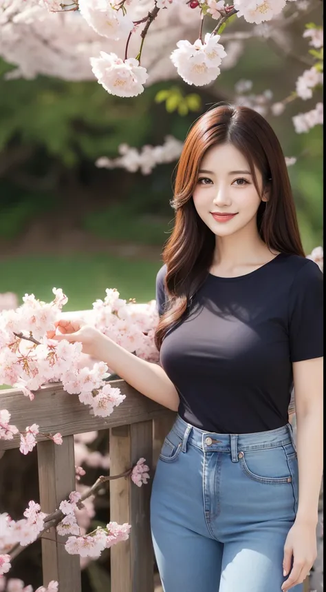 Best Quality,  full body portrait ,  cinematic texture shot,  Facial beauty,  Facial beauty, 40-year-old woman, smile,  Slim Body ,Large bust, T-Shirts、Korean Style,jeans、garden, cherry blossoms、夜cherry blossoms、Moon Background、 Falling Petals 、