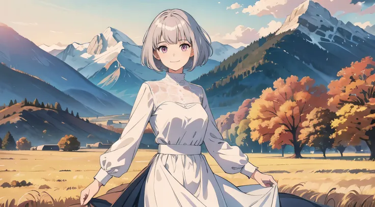 masterpiece, Best Quality, Super detailed, Very short hairstyles for silver hair, Pink Eyes, smile, Fields and mountains,  Long sleeve dress , Autumnal, wheat