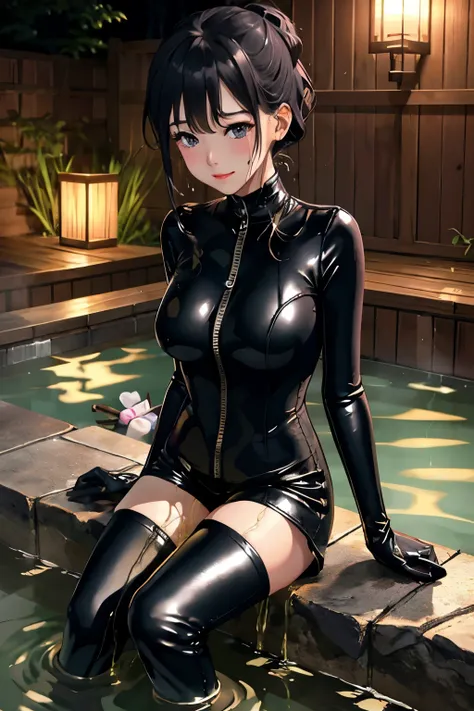 anime, best quality, high quality, highres, beautiful women, high detail, good lighting, lewd, hentai, (((black leather catsuit shorts))), (((leather thigh high boots))), black leather gloves, bare thighs, bare arms, (((wetting herself))), (((peeing hersel...