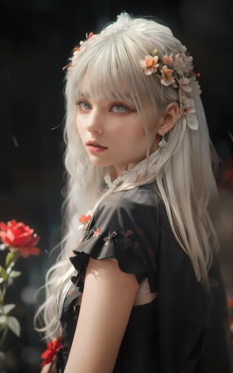 1girll,Solo,1girll,Solo,((Beautiful detailed eyes)), (Detailed light),Depth of field,(White hair),Silver eyes,hair on one eye,(Red flower ), hair flower,Long hair,Black cloak,Wet,emotive,Looking back,Night,Starfall,rained,Heavy fog,Red flowers fall,Sketch,...