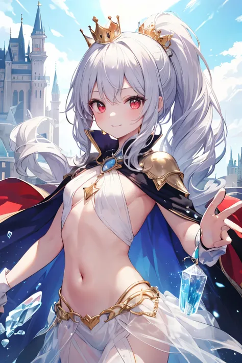   silver hair、 red eyes、  fox ears、  girl、Small breasts、  ponytail、  girl、Small breasts、Bright smile、Good physique 、Flat-chested  girl、  hes short、Ice Kingdom、Queen、Im wearing an ice costume、Wearing a crown、 princess your toddler、A castle is being built、 c...