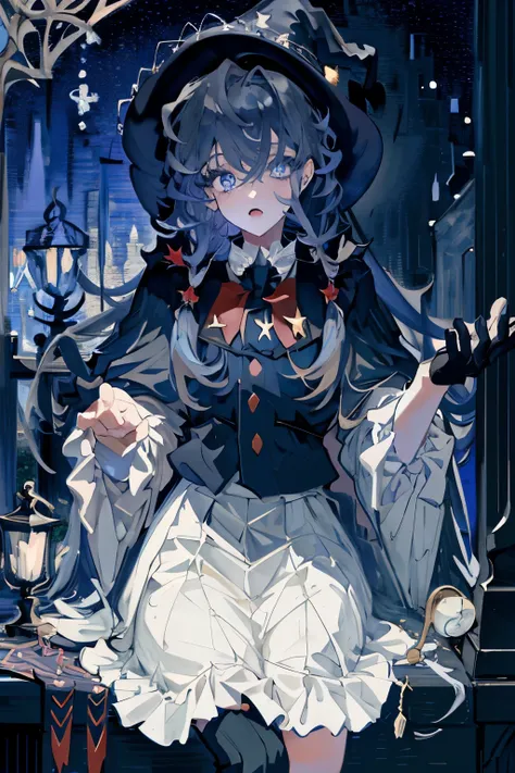 ((masterpiece:1.2, is the best quality)), 1 Girl, alone , (Witch Hat), blond, Long hair, skirt, aurora, night, Star (Sky), Gloves, Sky, white skirt, night Sky, Open your mouth, Starry Sky, blue eyes, ribbon, very Long hair, red skirt, Smile, Hairband, ...