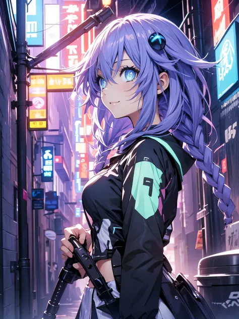 Masterpiece picture quality，Rainbow，Urban girl，ssmile，number art，style of anime，Retro anime girl，Punk girl，in an anime style，dual horsetail，Trendy，neonlight，depth of fields, perfil lateral delantero, ropa urbana ajustada, 