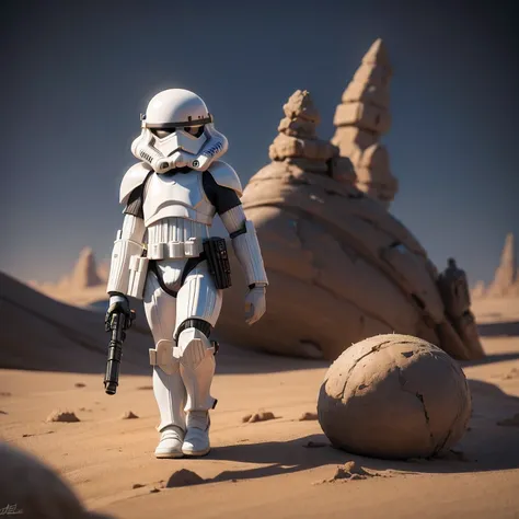 Miniature photograph of a Stormtrooper with Star Wars weapon walking through the desert leaving footprints in the sand cinematic dramatic lighting, blurred desert background.