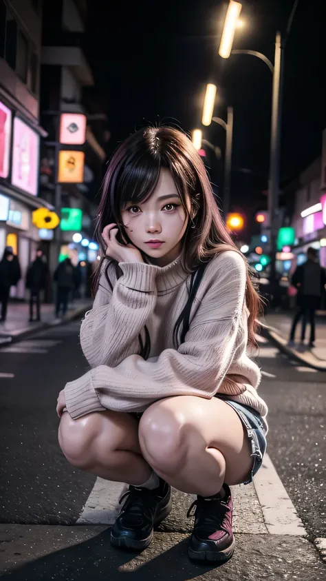   Japanese modern boulevard anime night neon lights ,  crouching in the center of the city 、Urban landscape with an emo girl wearing a dark pink sweater and grey miniskirt 、 crouching in the middle of the street 