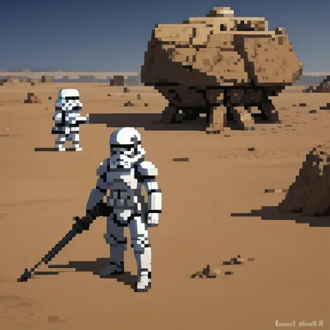 Miniature photograph of a Stormtrooper with Star Wars weapon walking through the desert leaving footprints in the sand cinematic dramatic lighting, blurred desert background.