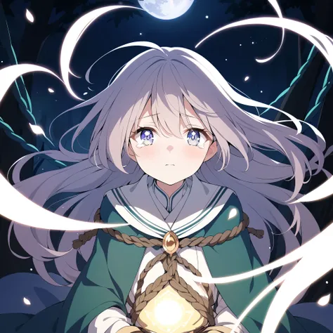 Illustrate an anime-style girl in an emotional, dramatic scene under a full moon. She is restrained gently by enchanted vines or ropes in a magical forest, with tears in her eyes as she looks up at the moonlight. Her expression conveys vulnerability, but a...