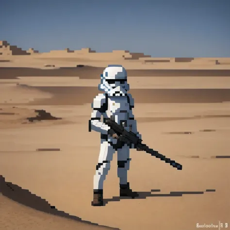 Miniature photograph of a Stormtrooper with Star Wars weapon walking through the desert leaving footprints in the sand cinematic dramatic lighting, blurred desert background.