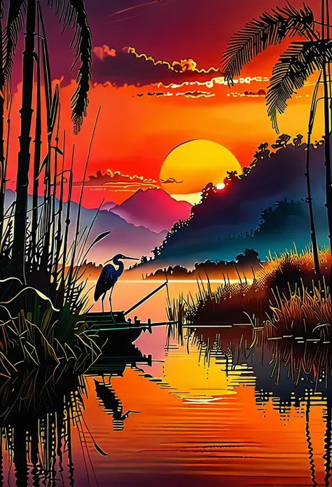 Sunset on the lake, impressionism, bright and vibrant colors, reflections, golden reed reflections, silhouettes of herons, dramatic contrast, misty atmosphere, distant hills, 19th century charm, sharp focus, gold leaf, emitting diodes, smoke, artillery, sp...