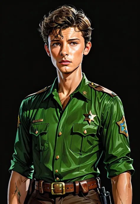 masterpiece, ultra detailed, illustration, solo, 1man, ben barnes a man, tanned skin, brown eyes, brown shaved hair, american sh...