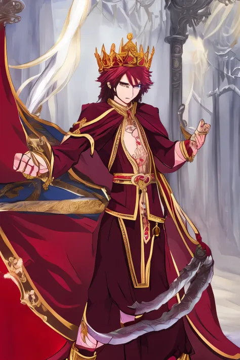 masculine, in royal clothing, very long sakura-colored hair, light skin, blood red eyes , very long elf ears with , with crown