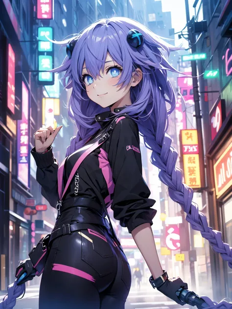 Masterpiece picture quality,Rainbow,Urban girl,ssmile,number art,style of anime,Retro anime girl,Punk girl,in an anime style,dual horsetail,Trendy,neonlight,depth of fields, perfil lateral delantero, ropa urbana ajustada,