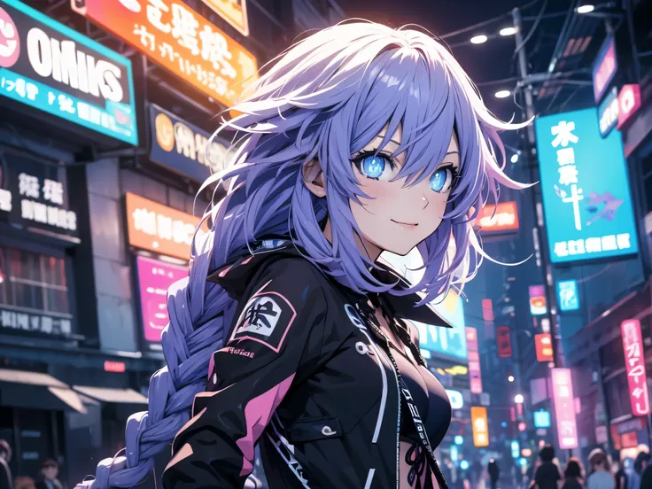 Masterpiece picture quality,Rainbow,Urban girl,ssmile,number art,style of anime,Retro anime girl,Punk girl,in an anime style,dual horsetail,Trendy,neonlight,depth of fields, perfil lateral delantero, ropa urbana ajustada,