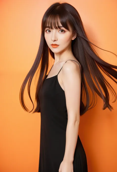 1girl,hair with bangs,black long dress,orange background,