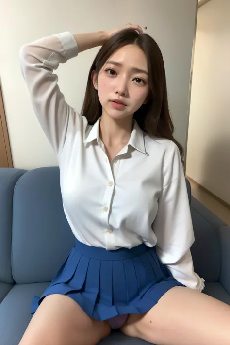 Photo realistic、photoRealstic　Length Hair、Curly Hair　Droopy eyes、 Big Eye、 the contours of the face are round 、 small face、Young Face、 Baby Face 、 plump cheeks 、 cute little 　 high school girl、、 slimmer body in a building、Young Body、Beautiful Skin、Soft thi...