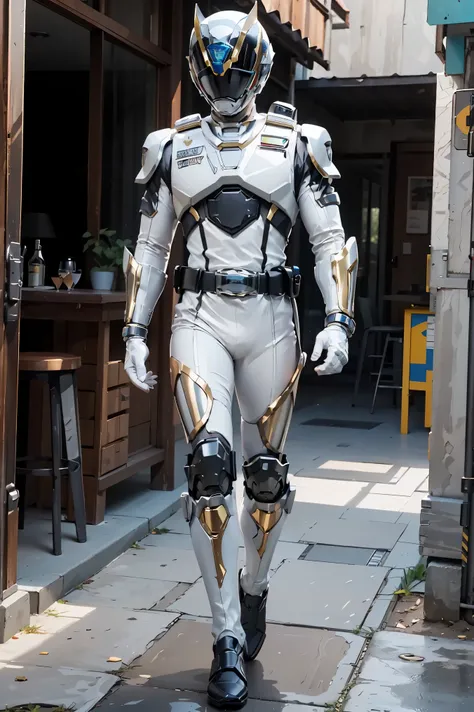 1boy, full body, Illustration, cinematic light, high resolution, best quality, ultra-detailed, masterpiece, power suit, powerranger, suit, spd, (Silver and Gold chest plate), white and gold detail, (((white suit))), ((police theme:1.2))