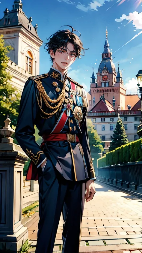 prince,   Young people,   Vivid ,   Black Hair  ,   handsome,   Vivid な色彩,  Historic castles, royal palace,  uniform,
 