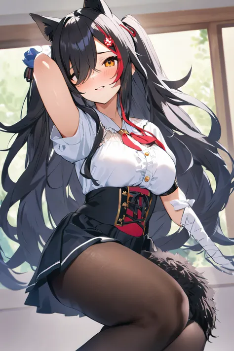 NSFW,masterpiece,Best Quality, high resolution on down, very detailed,Ogami Mio ( hololive ),Hair over one eye、 Twin Tails、 white dress、Trump、 black skirt、Elbow pads、 Corset 、 short puff sleeve、 black pantyhose、Hair Flowers、Hair accessories、Tail wrap 、 tai...