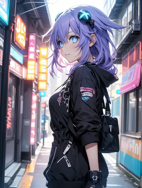 Masterpiece picture quality,Rainbow,Urban girl,ssmile,number art,style of anime,Retro anime girl,Punk girl,in an anime style,dual horsetail,Trendy,neonlight,depth of fields, perfil lateral delantero, ropa casual ajustada