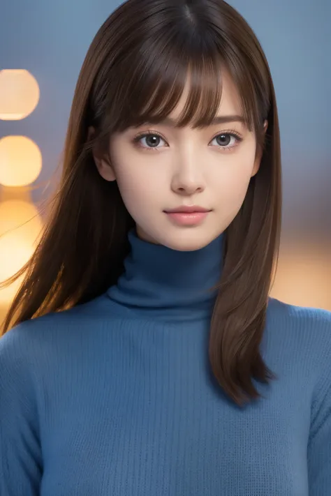 one 19 year old girl, (Light dark blue turtleneck sweater), Raw photo, highest quality, photorealistic, very delicate and beautiful, very detailed, 8K wallpaper, High resolution, soft light, very detailed目と顔, beautifully detailed nose, detailed and beautif...