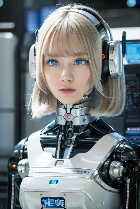 masterpiece, best quality, extremely detailed, Japaese android girl,Plump ,control panels,android,Droid,Mechanical Hand, Robot arms and legs,Blunt bangs,perfect robot girl,white robot body,mechanical neck,long tube,thick cable connected her neck,android,ro...