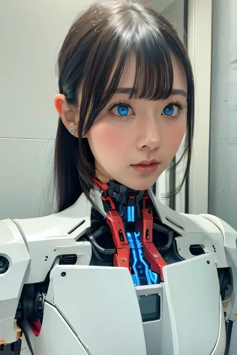 masterpiece, best quality, extremely detailed, Japaese Cyborg girl,Plump , control panels,android,Droid,Mechanical Hand, Robot arms and legs, Black Robot Parts,Black hair,Mechanical body,Blunt bangs,White robotics parts,perfect robot girl,long tube,thick ...