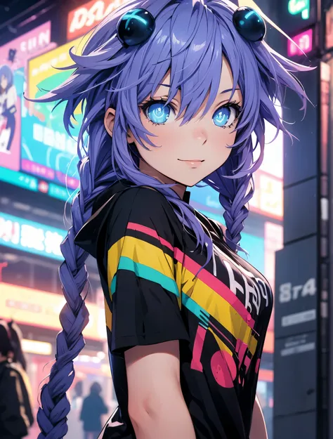 Masterpiece picture quality,Rainbow,Urban girl,ssmile,number art,style of anime,Retro anime girl,Punk girl,in an anime style,dual horsetail,Trendy,neonlight,depth of fields, perfil lateral delantero, ropa casual oscura y toques de color