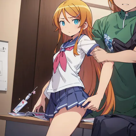 grab the upper arm,long_hair,orange_hair,hair_ornament,hairclip,aqua_eyes,blue_eyes,blonde_hair,brown_hair,kousaka kirino