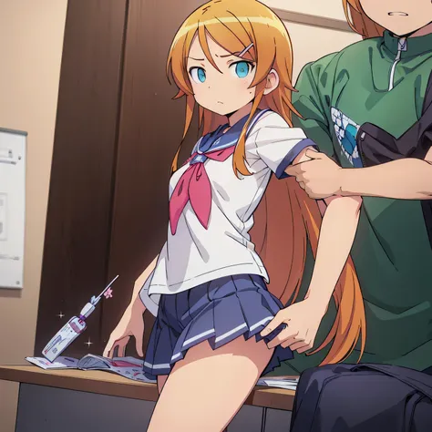 grab the upper arm,long_hair,orange_hair,hair_ornament,hairclip,aqua_eyes,blue_eyes,blonde_hair,brown_hair,kousaka kirino