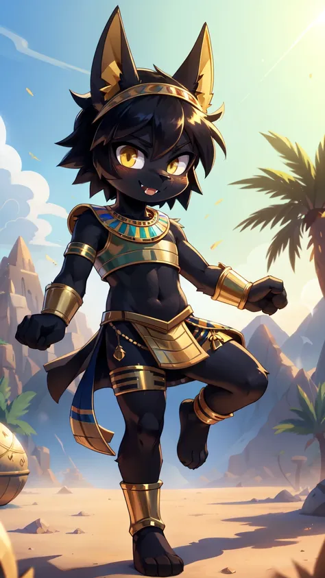 score_9,score_8_up,score_7_up, source_cartoon, source_furry, Anubis, Furry shota, jackal, black hair, short spiky hair, yellow eyes, detailed body fur, ((minuscule Egyptian antique clothes, cute sexy and almost naked, gold crop top armor, midriff, gold headband)), masterpiece, looking at you, fangs, black body fur, detailed face, big eyebrows, detailed eyes, detailed body, detailed body fur, detailed hands, flat body, glistering body, shiny body, skinny, perfect lighting, perfect shadows, perfect eyes, perfect hair, perfect face, gorgeous body, solo, :3, full body, feets with three toes, desert, oasis, palm tree, clear sky, motion blur, Kick at viewer,