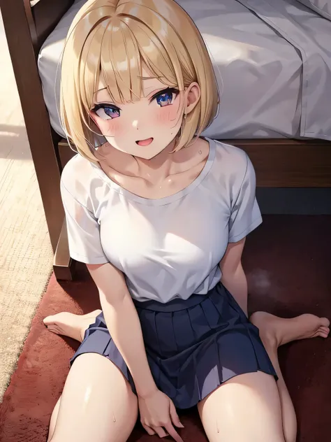 masterpiece、 Sex、 full body portrait 、Beautiful woman、blonde、 bob cut、parted bang, small breasts、Baggy T-shirt、 long skirt、、 red cheeks 、afterwards、Heavy breathing、fog、Functional、On the carpet、Lying on your back、 open legs、handjob.Crotch hidden 、 Sweaty ...