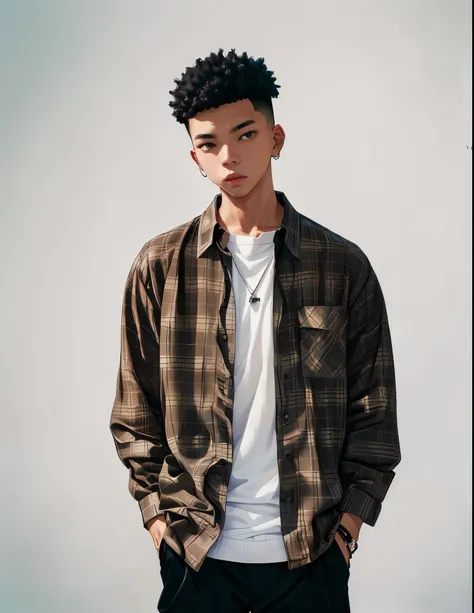 a man in a plaid shirt and black pants standing against a white wall, wearing a flannel shirt, he is wearing a brown sweater, flannel, in style of tyler mitchell, brown shirt, handsome chad chin, photo in style of tyler mitchell, reuben wu, jonny wan, hyun...