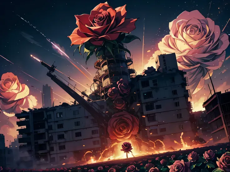 anime、high image quality、 high resolution on down、(((giant rose flower )))、tentacles、 destroying the city 、 3 fighter jets are a...