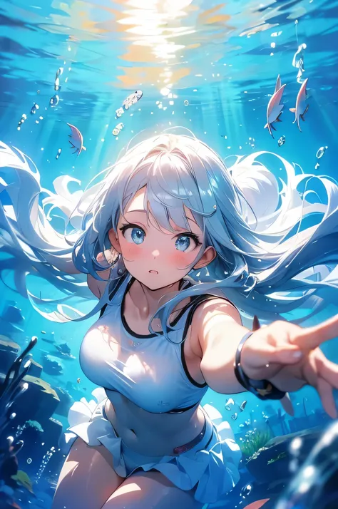 high resolution, Anime girl, Anime Art Wallpapers 8k, epic composition, cute anime girl, blushing, underwater, very fair skin, cute eyes, silver hair, fish swimming around her, outstretching hands to viewer, about to give viewer a hug, attractive face, cut...