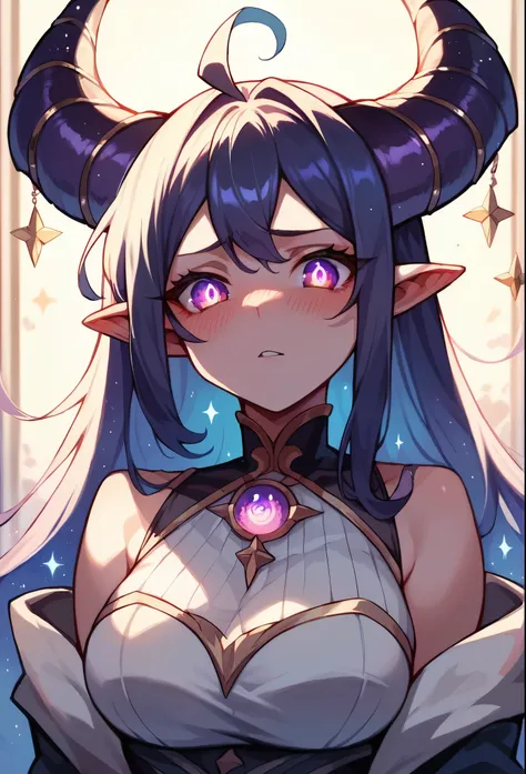 cosmic eyes, 1 girl,  long hair,  looking at the viewer , Blushing, Pointed ears, horns,  Backlight , 