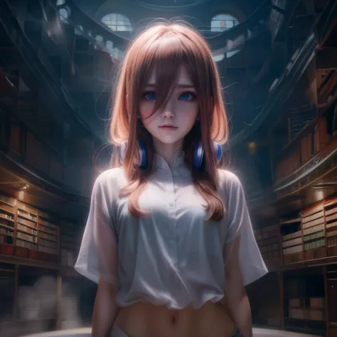 A high-resolution hyper-realistic portrait of Nakano Miku, with her beautiful youthful features and delicate skin. Miku is captured in a dynamic pose and in a library, with brown hair, hair between her eyes, looking at the viewer with her big blue eyes and...