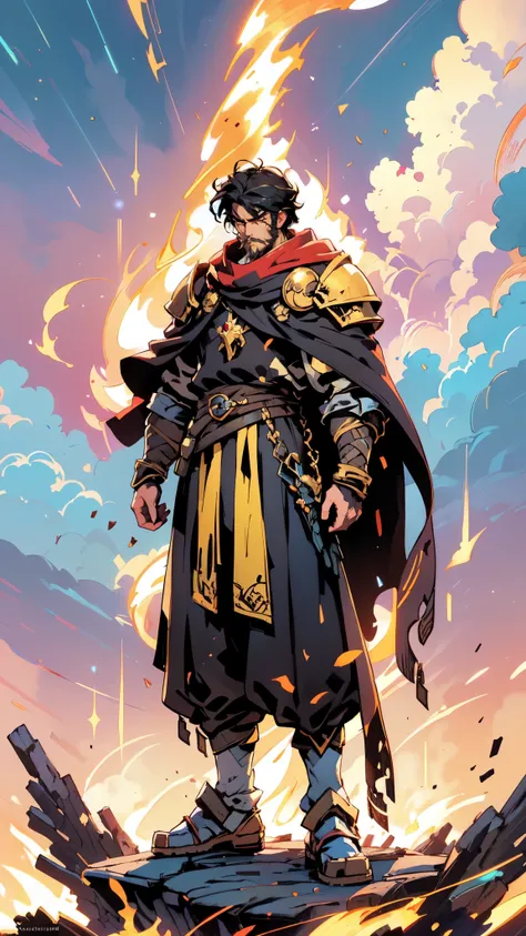 (masterpiece:1.2, best quality:1.2, extremely delicate:1.2), ((male:1.5)), a middle-aged man with medium-length black hair, a yellow headband, thick eyebrows, focused gaze, dignified face, large beard, tall and slender physique, a fantasy-style mage robe, ...