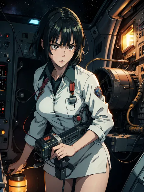 anime、High image quality、 high resolution on down、A female scientist 、 Miniskirt、earth defense force、 space station laboratory 、 tense scene for you 、((( operating an instrument panel )))、 lamp flashing 、 monitor、