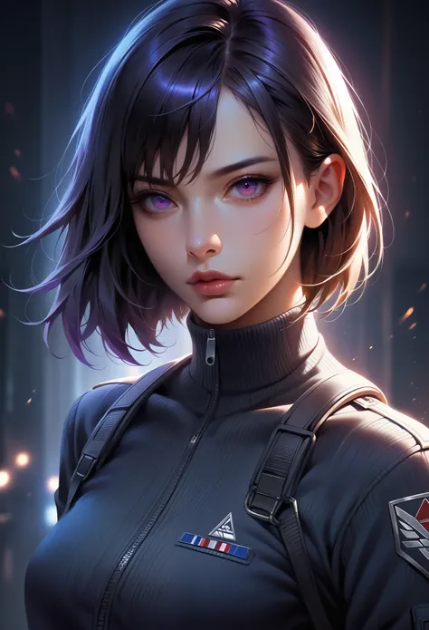 1 muscular woman,black hair,purple eyes,combat suit,highly detailed face,beautiful detailed eyes,beautiful detailed lips,extremely detailed face,longeyelashes,hyperrealistic,8k,photorealistic,professional,studio lighting,vivid colors,dramatic lighting,sci-...