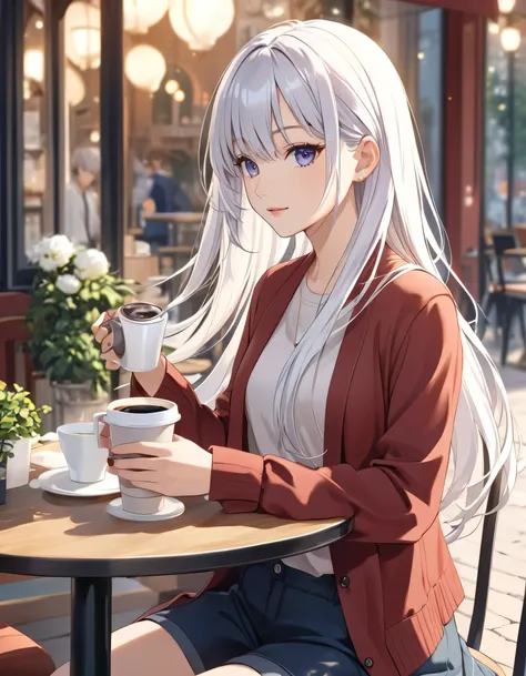 elaina (majo no tabitabi), white hair, long hair, casual clothes, open clothes, shorts, sitting at a cafe table, holding a cup o...