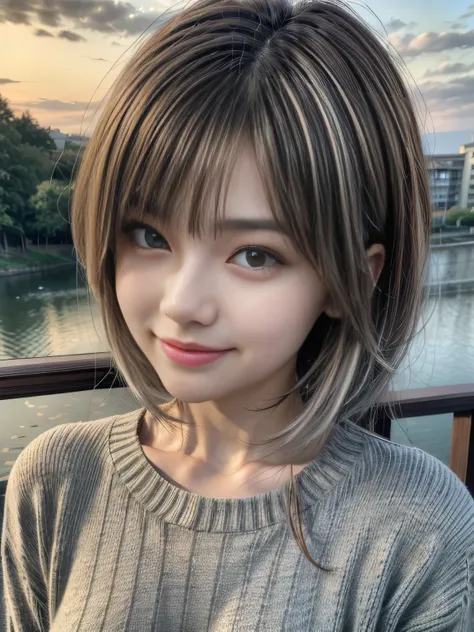 masterpiece, best quality, ultra high res, ultra detailed, sharp focus, 8k, Beautiful and fine details, a stunning pretty and beautiful Japanese sexy model, 19yo, (bright smile), knit, Black Sweater, dusk, sunset, realistic, slender, standing, upper body s...